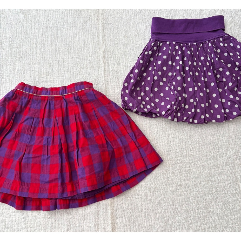 Mini Boden Girls Skirt Lot 2pc Plaid Pleated Purple Polka Dot Bubble 5-7Y